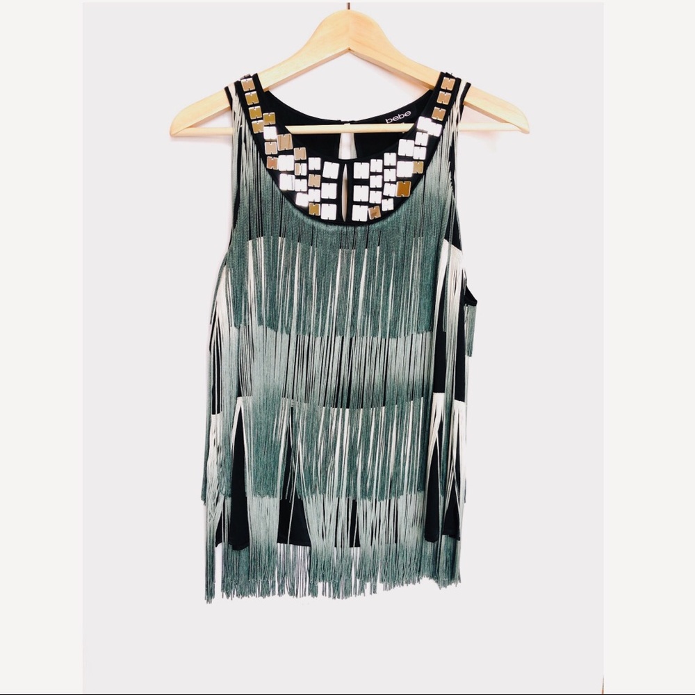 BEBE Ombré Fringe top w/ mirrored